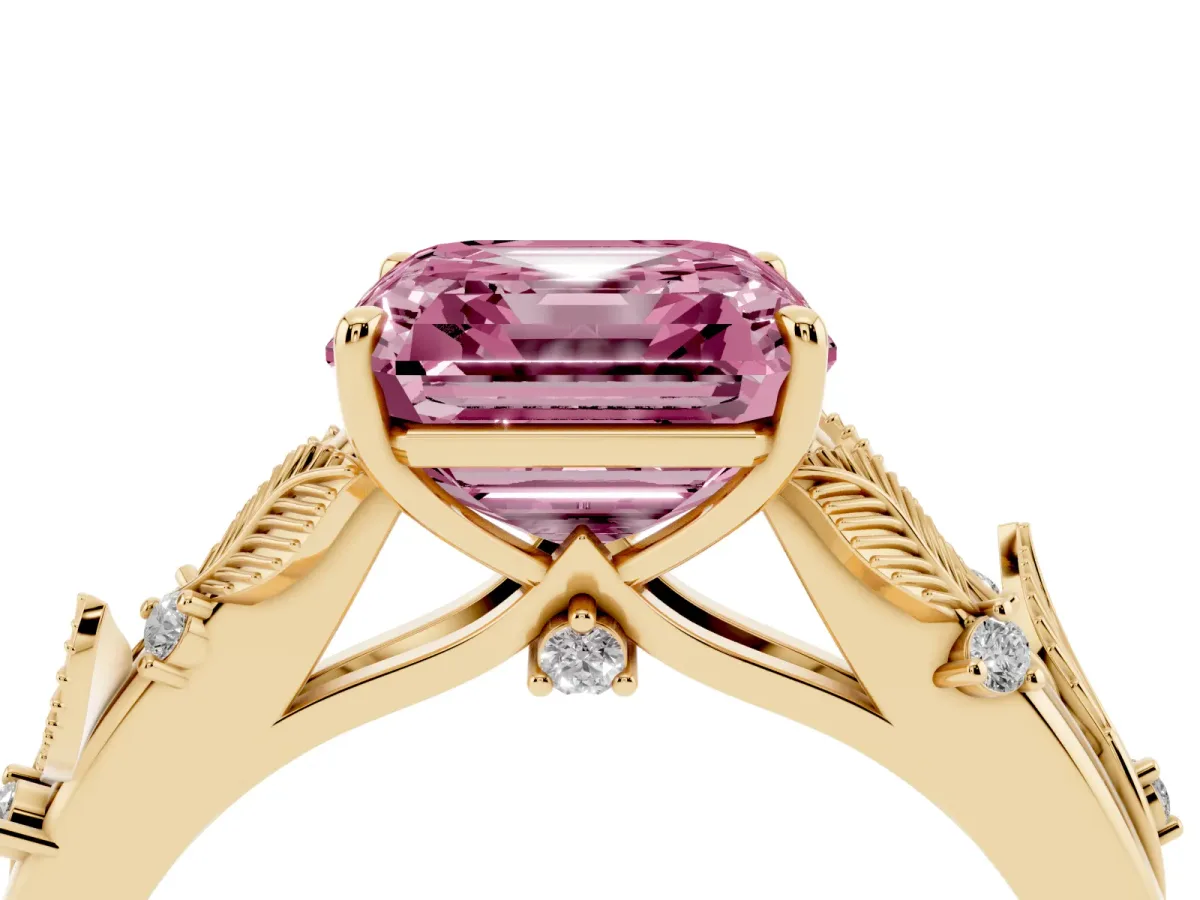 Fancy Pink Asscher Cut Diamond Solitaire Ring with Leaf Motif Band and Four-Prong Setting Yellow gold