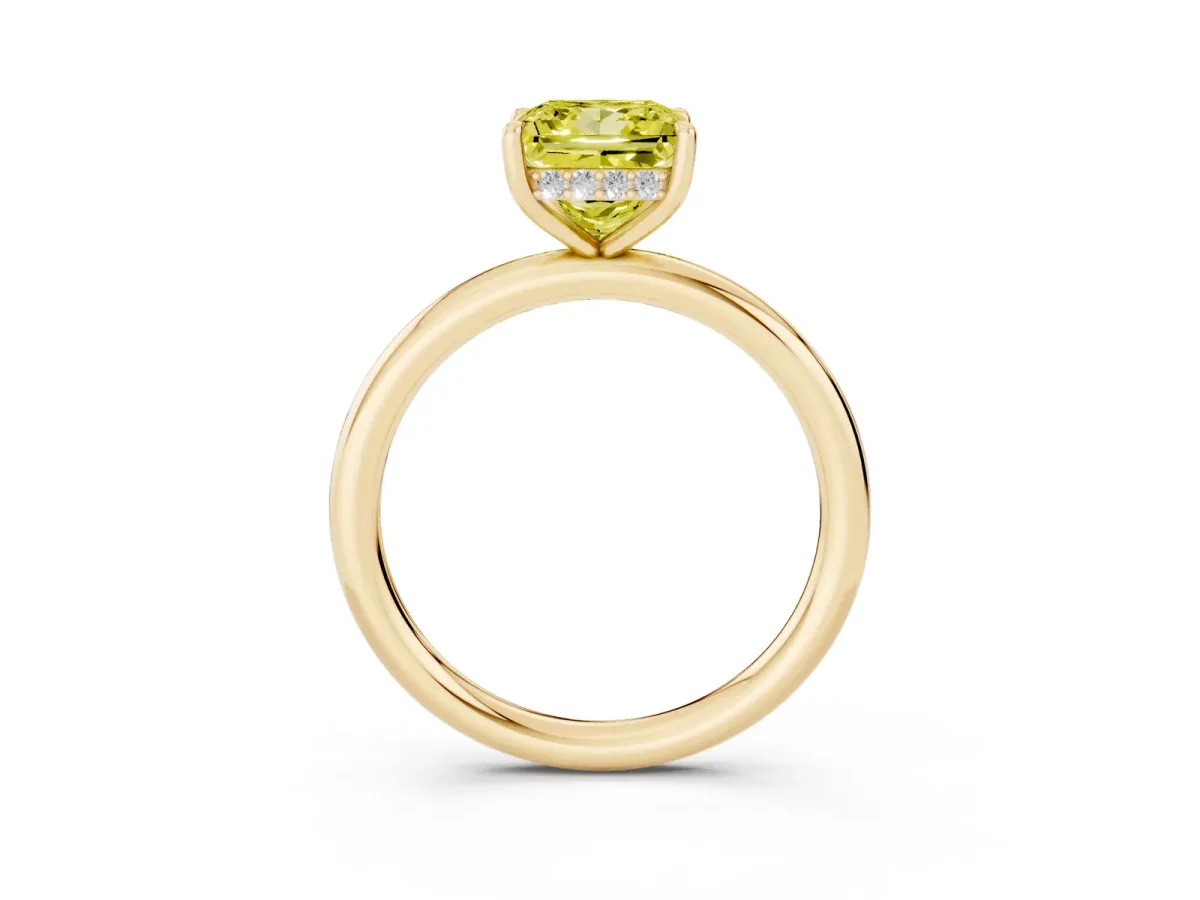 Fancy Yellow Princess Cut Diamond Solitaire Ring with Thin Band and Four-Prong Setting Yellow gold