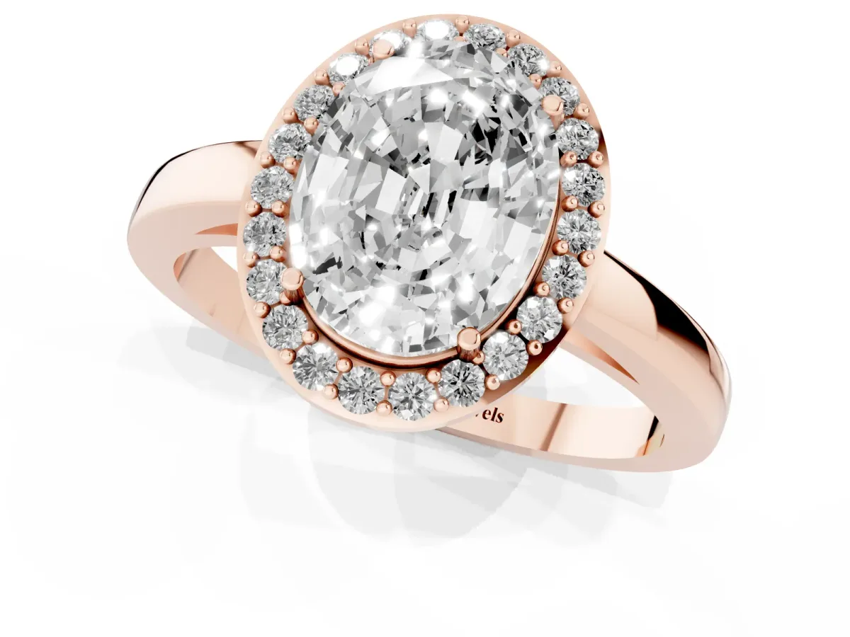Oval Cut Halo Diamond Ring with Solitaire Band and Prong Setting Rose gold