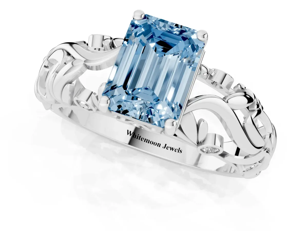 Fancy Blue Emerald Cut Solitaire Diamond Leaf-Inspired Vine Band Ring with Prong Setting Platinum