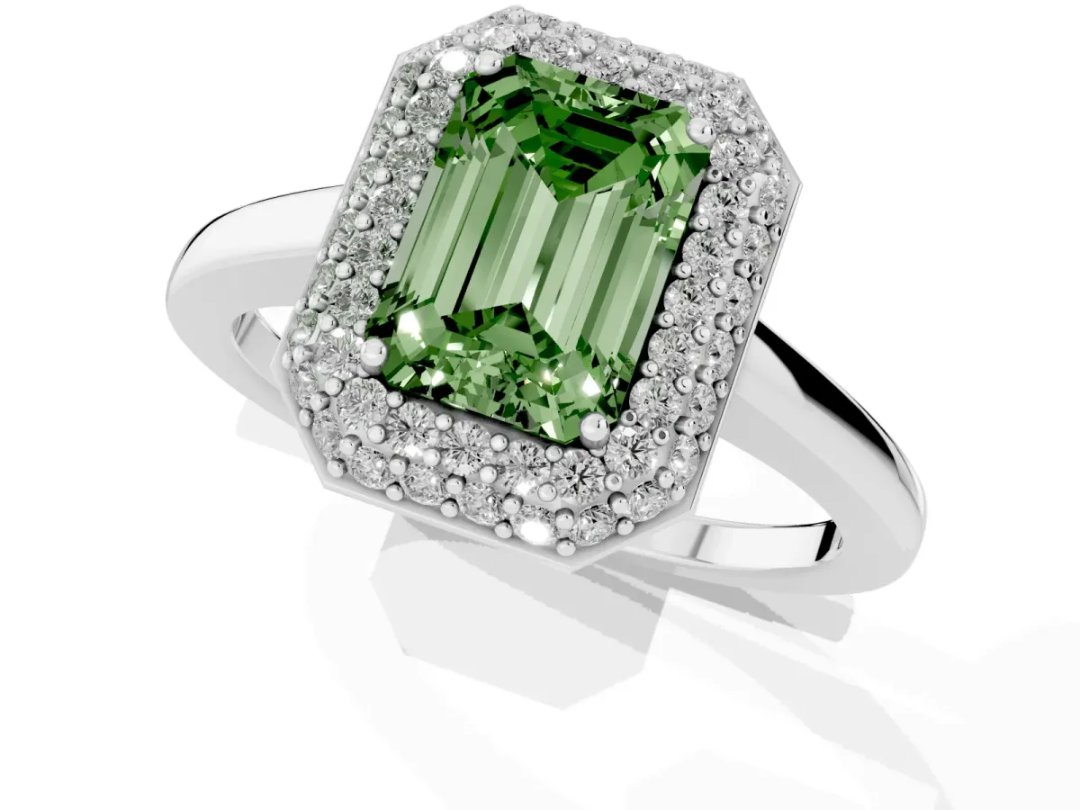 Fancy Green Emerald Cut Halo Diamond Engagement Ring with Solitaire Band and Four-Prong Setting Silver