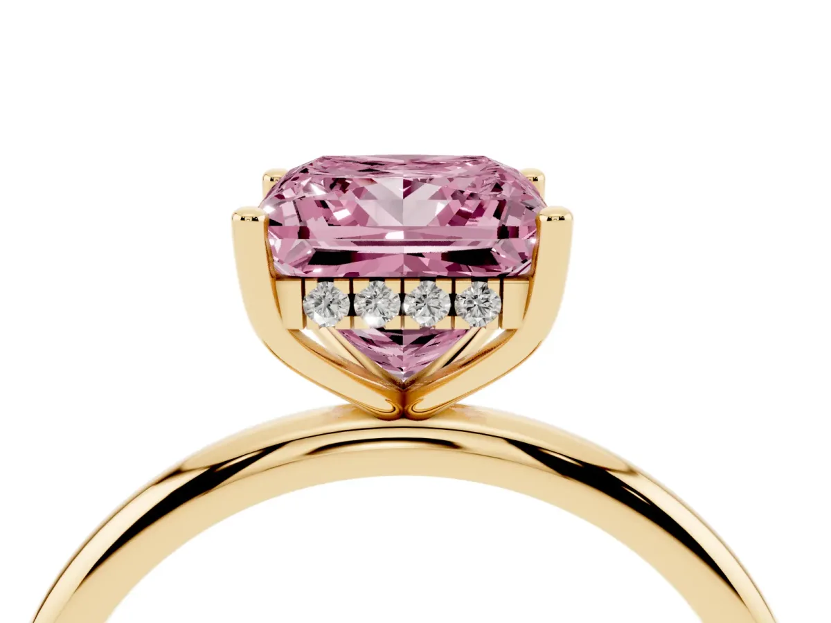 Fancy Pink Princess Cut Cut Solitaire Engagement Ring with Four-Prong Setting and Classic Band Yellow gold