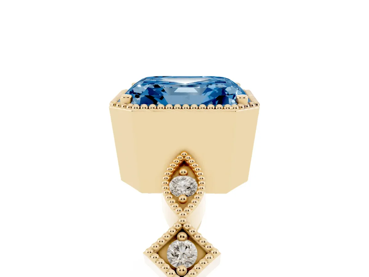 Fancy Blue Asscher Cut Milgrain Marquise Diamond Twist Band Ring Yellow gold