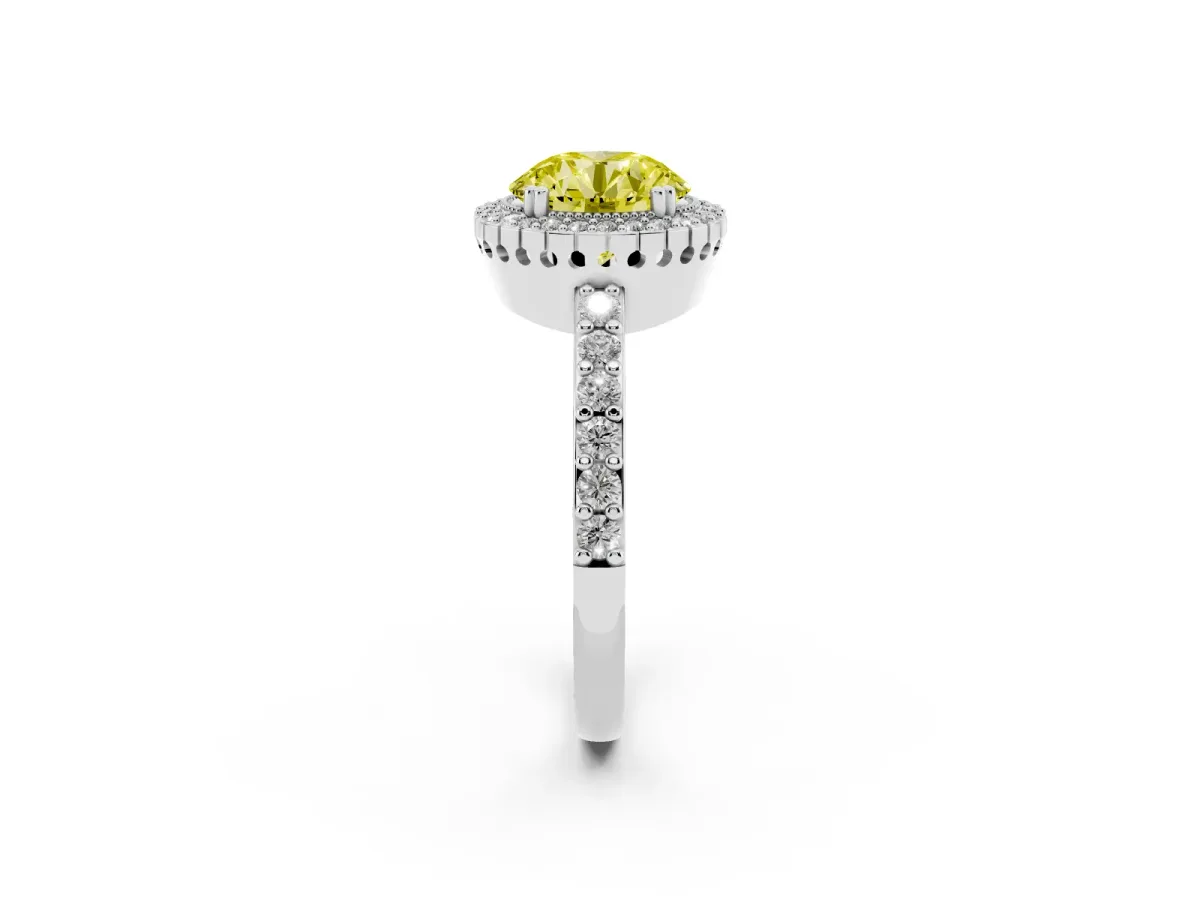 Fancy Yellow Round Cut Cut Diamond Halo Engagement Ring with Milgrain Detail and Pavé Band Platinum