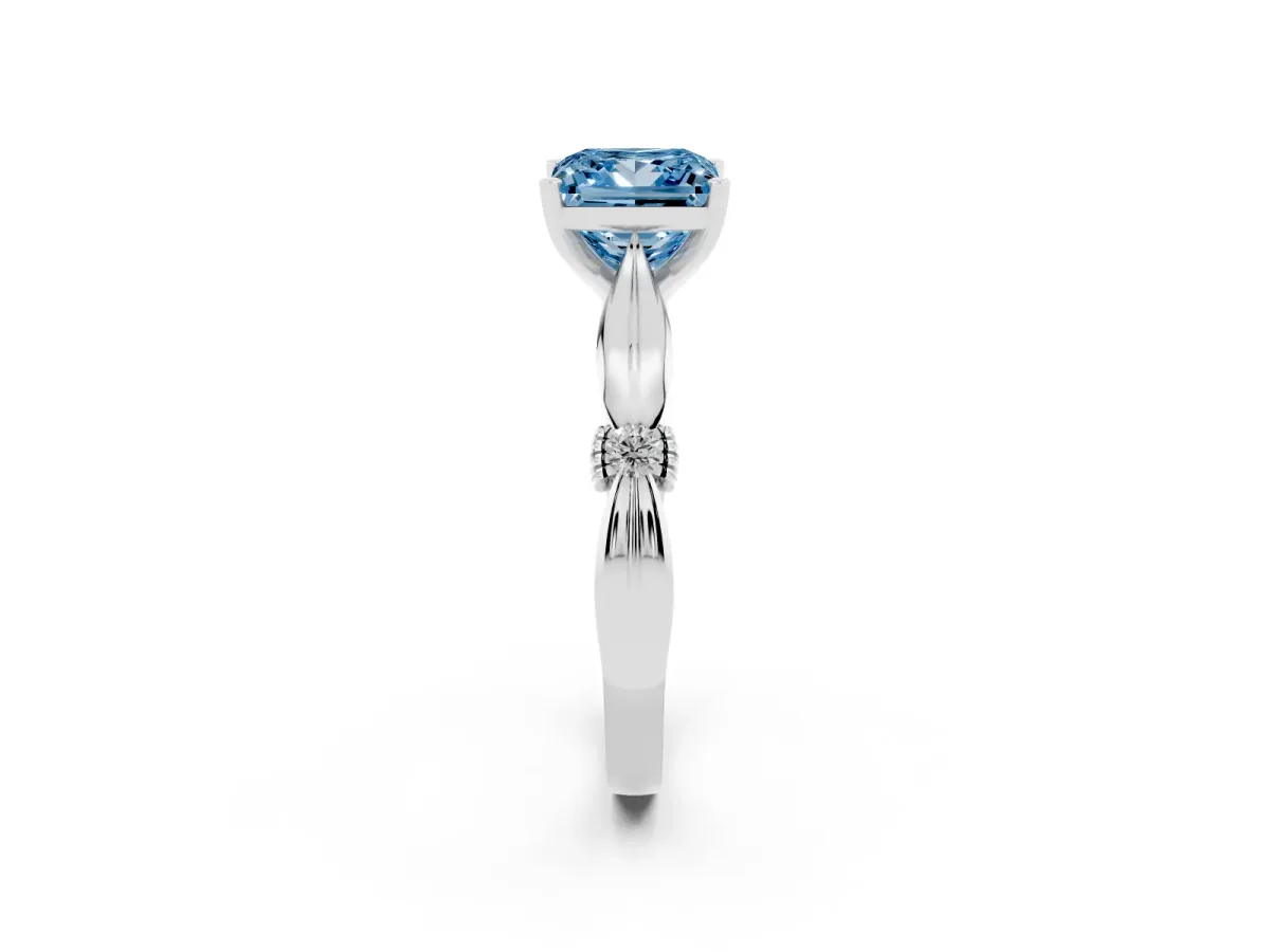 Fancy Blue Princess Cut Solitaire Diamond Twisted Band with Four-Prong Setting Platinum