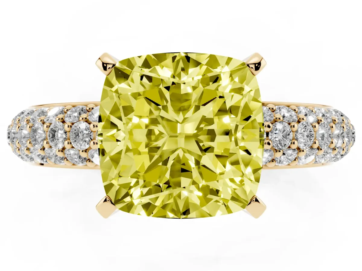 Fancy Yellow Cushion Cut Diamond Solitaire Ring with Prong Setting and Pavé Band Yellow gold