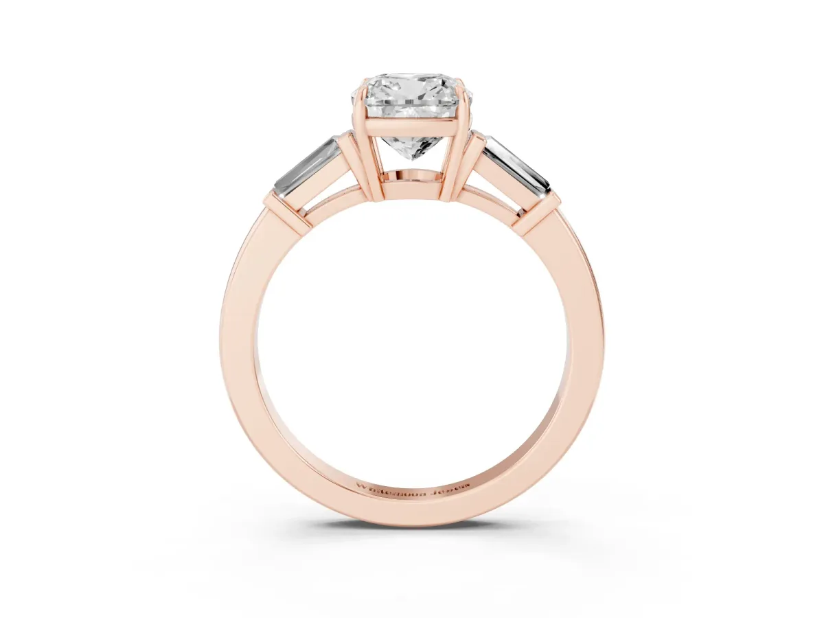 Cushion Cut Diamond Three-Stone Ring with Tapered Baguette Side Stones and Prong Setting Rose gold