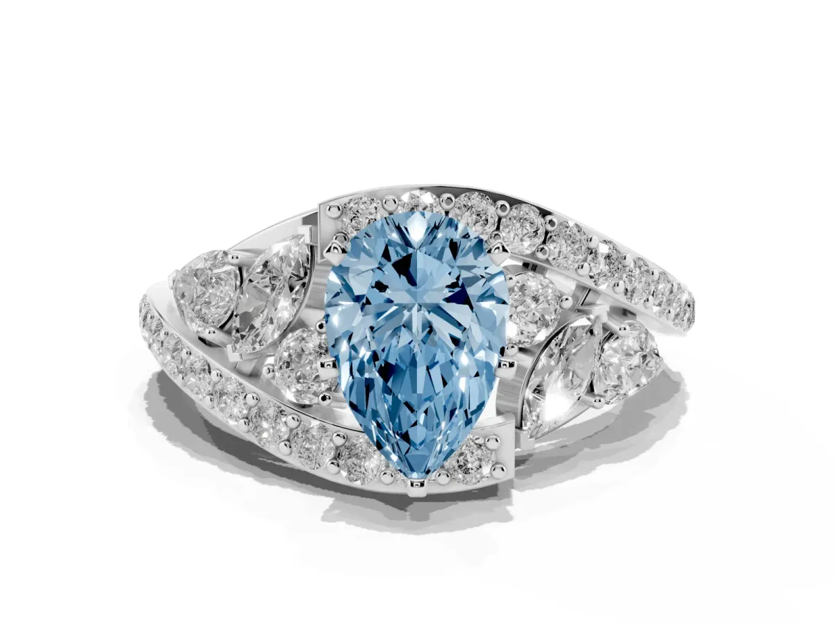 Fancy Blue Pear Cut Diamond Halo Ring with Marquise and Pavé Band in Prong Setting White gold