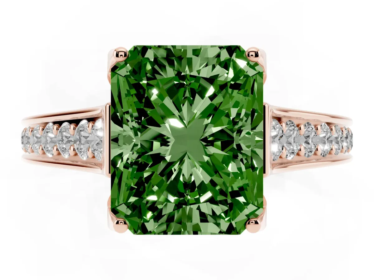 Fancy Green Radiant Cut Brilliant Cut Diamond Engagement Ring with Pavé Band and Four-Prong Setting Rose gold