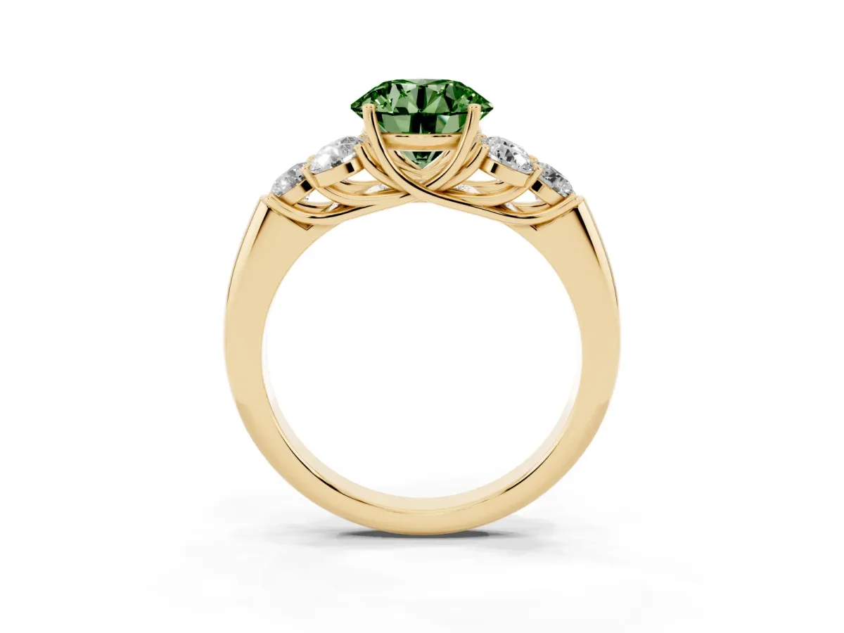 Fancy Green Round Cut Cut Diamond Cluster Ring with Round Accent Stones and Prong Setting on a Classic Band Yellow gold