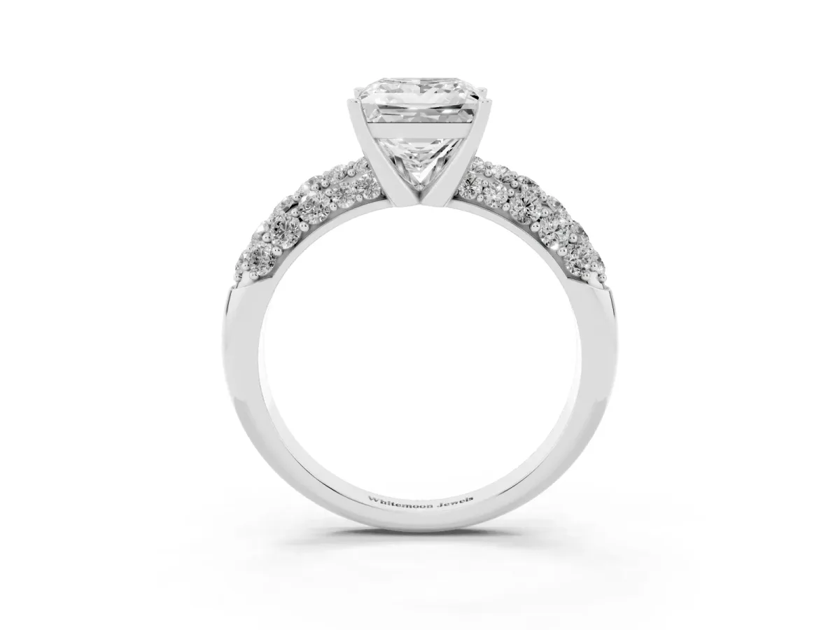 Princess Cut Diamond Pavé Band Solitaire Ring with Four-Prong Setting Platinum