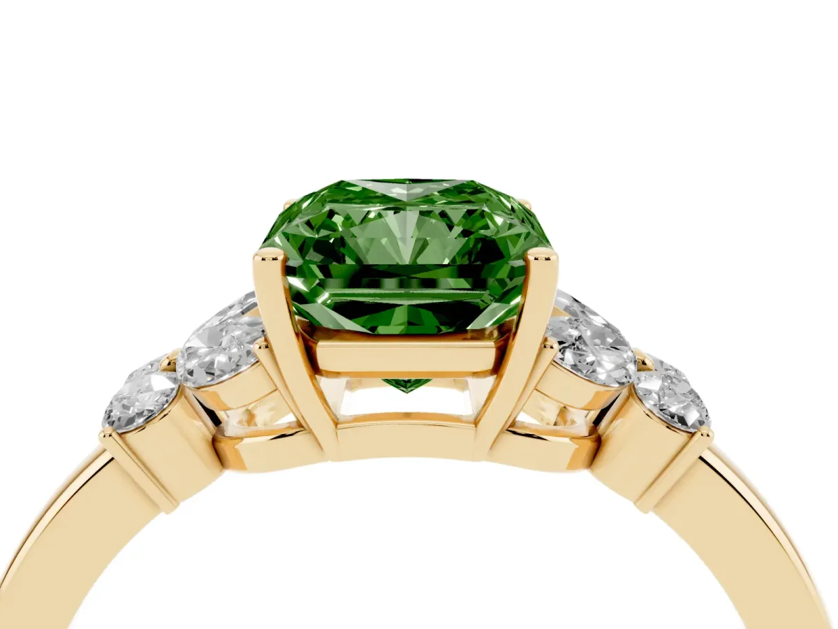 Fancy Green Radiant Cut Cut Solitaire Floral Diamond Ring with Four-Prong Setting Yellow gold