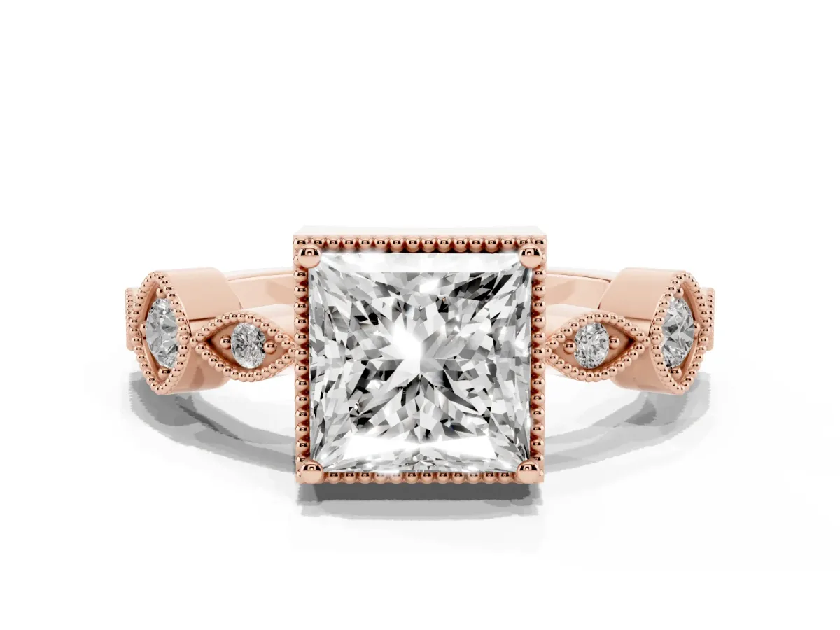 Princess Cut Diamond Vintage Milgrain Ring with Round Stations Rose gold