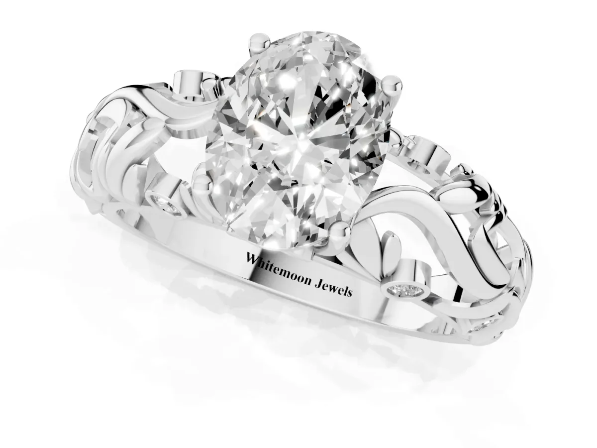 Oval Cut Solitaire Diamond Leaf-Inspired Vine Band Ring with Prong Setting Platinum