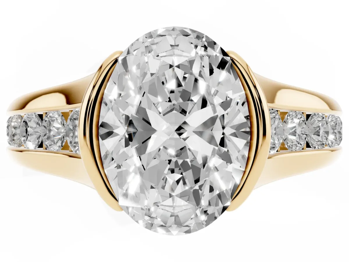 Oval Cut Solitaire Bezel-Set Diamond Ring with Channel-Set Band Yellow gold