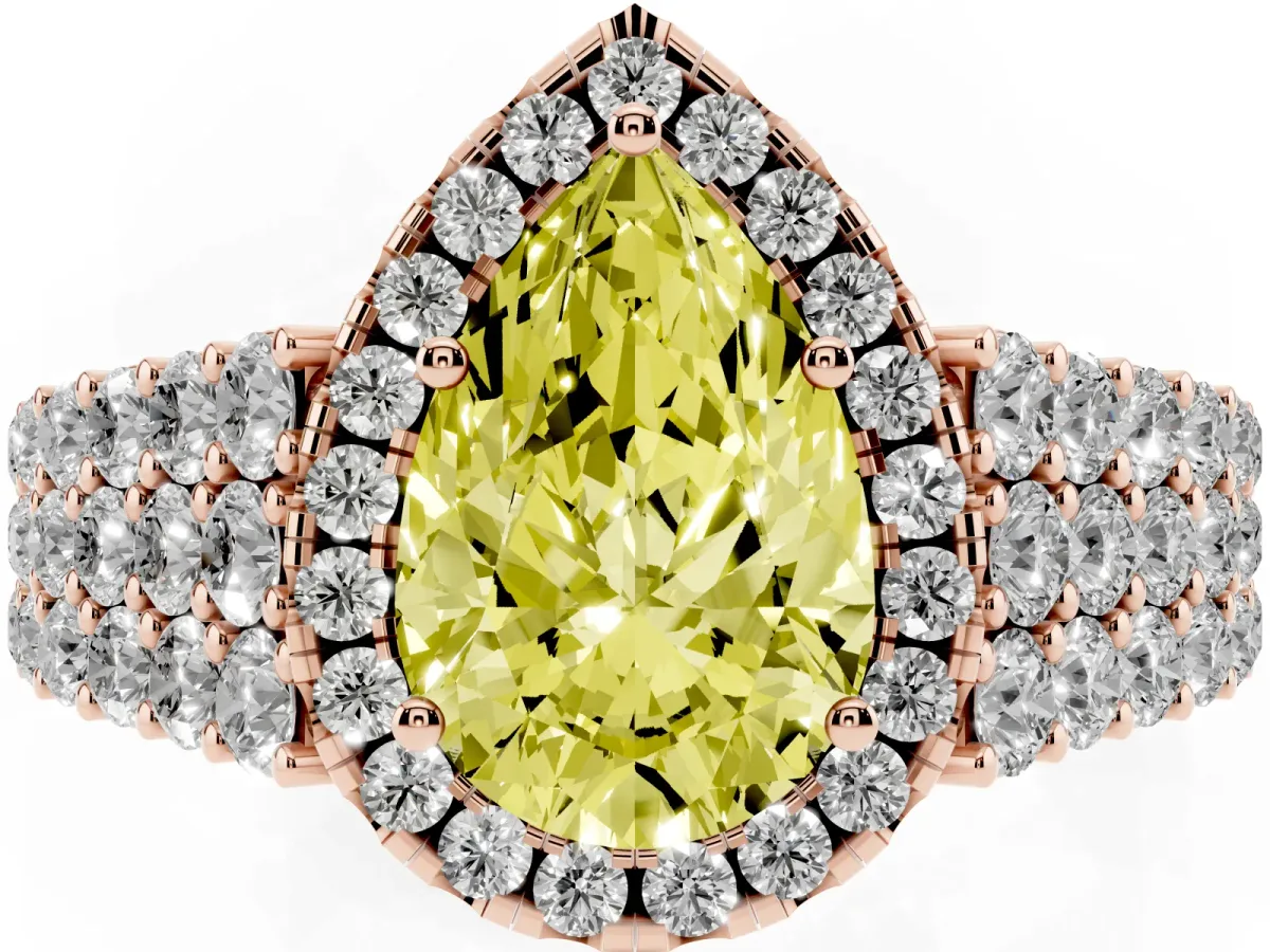 Fancy Yellow Pear Cut Diamond Halo Engagement Ring with Triple Row Round Pavé Band and Prong Setting Rose gold
