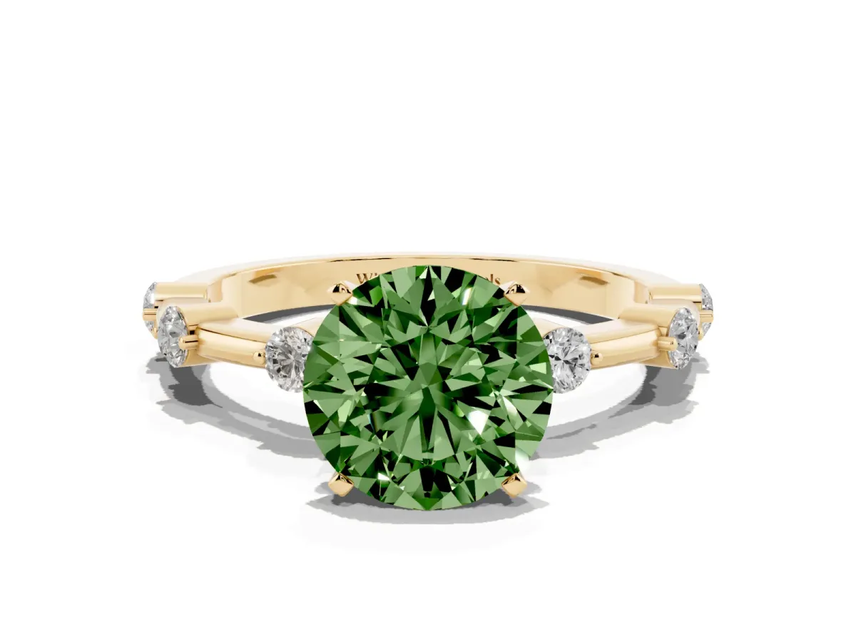 Fancy Green Round Cut Solitaire Diamond Ring with Bezel Set Side Stones and Prong Setting Yellow gold