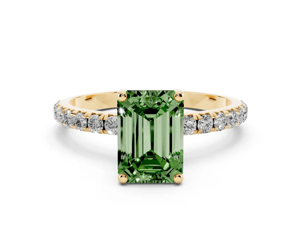 Fancy Green Emerald Cut Cut Diamond Solitaire Ring with Micro Pave Band and Four Prong Setting Yellow gold