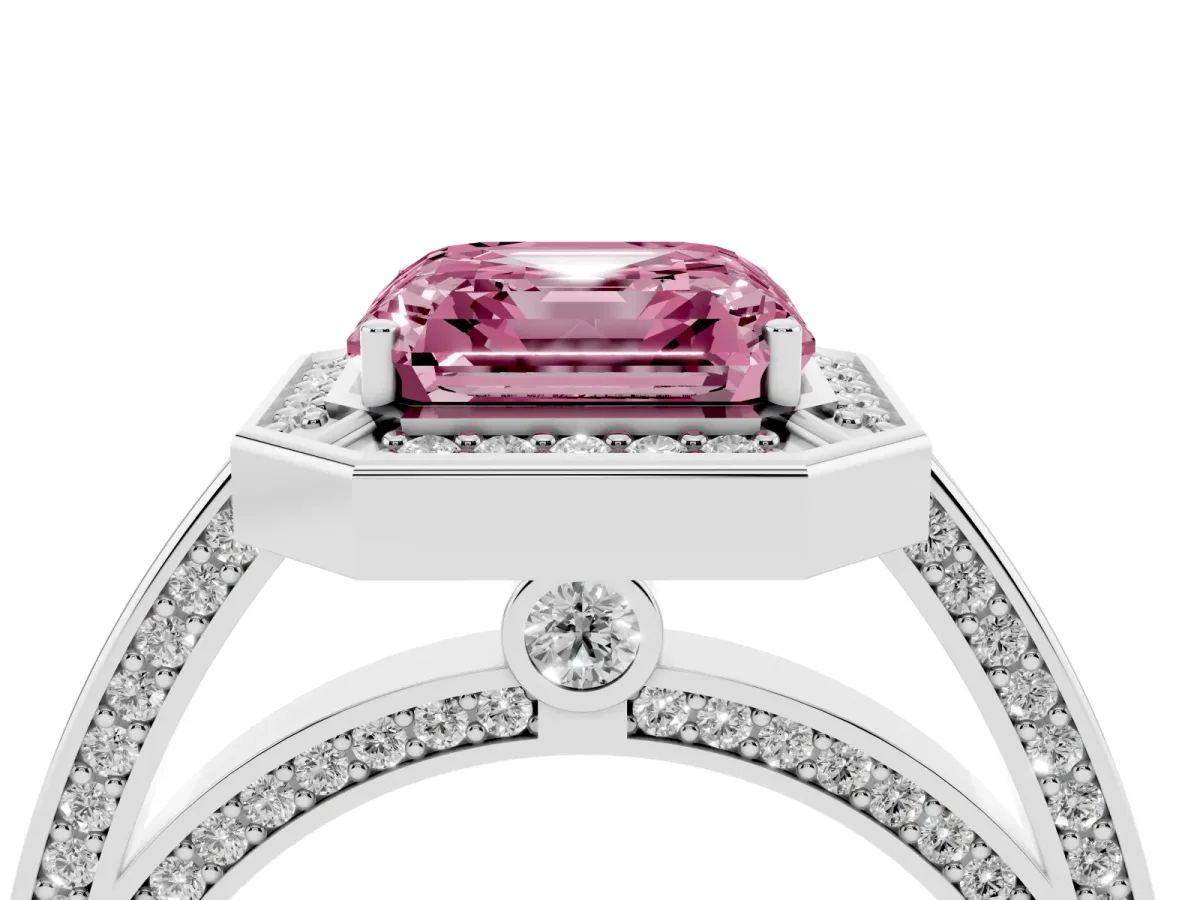 Fancy Pink Asscher Cut Cut Halo Pave Split Shank Prong Setting Ring Silver