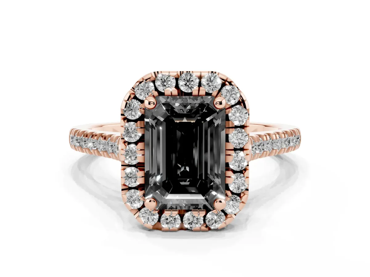 Fancy Black Emerald Cut Diamond Cushion Halo Ring with Pavé Band Rose gold
