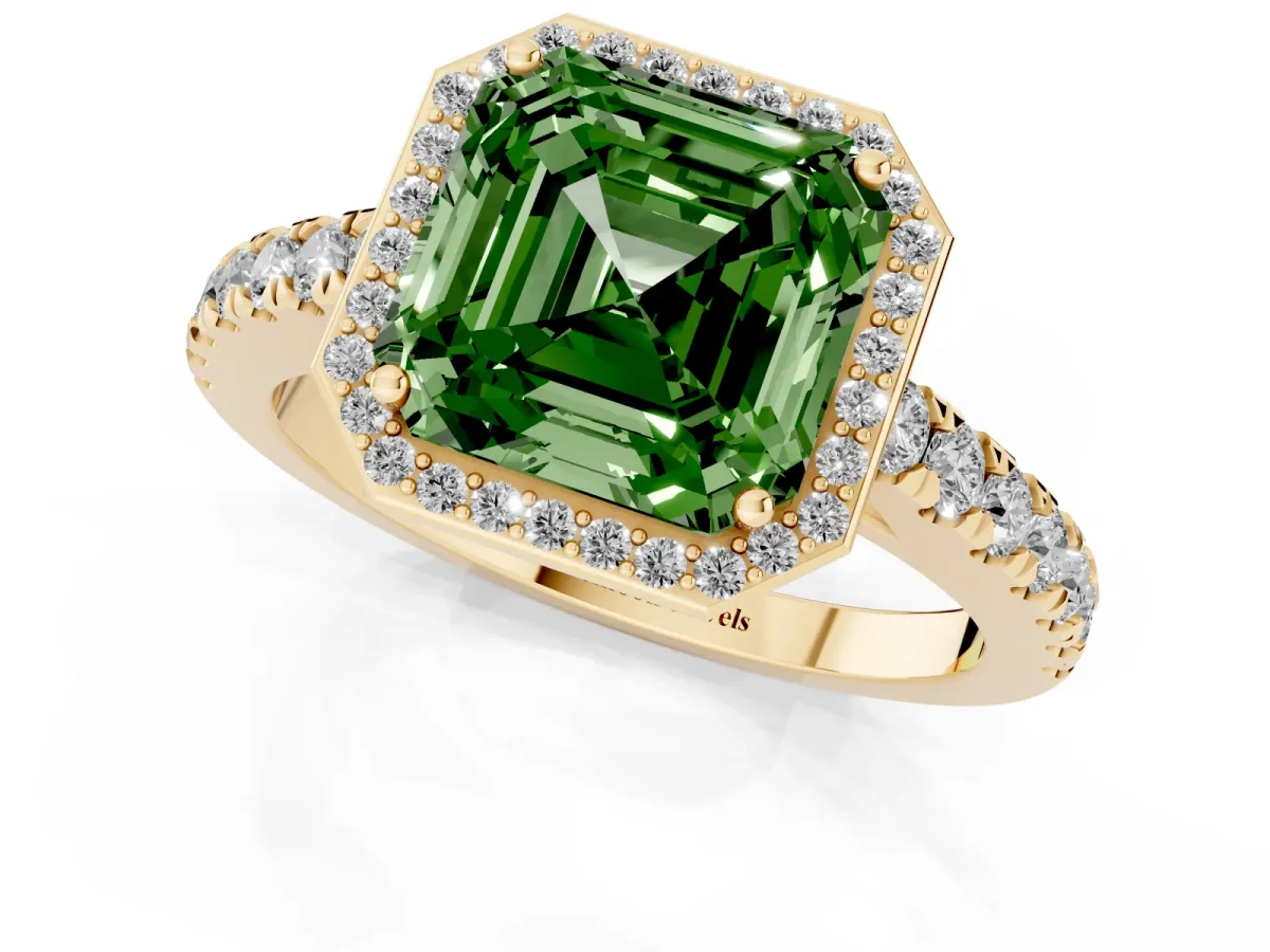 Fancy Green Asscher Cut Cut Halo Diamond Engagement Ring with Pave Band and Four-Prong Setting Yellow gold