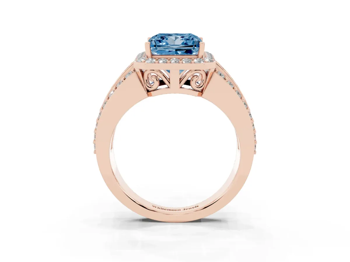 Fancy Blue Princess Cut Halo Diamond Ring with Round Split Shank and Prong Setting Rose gold