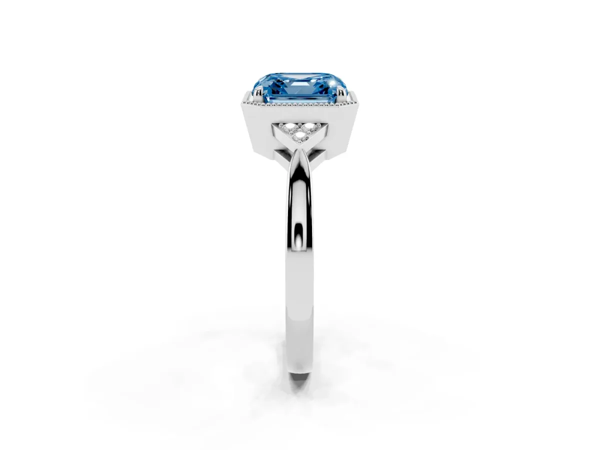 Fancy Blue Hexagonal Halo Asscher Cut Diamond Solitaire with Pavé Band and Four-Prong Setting Silver