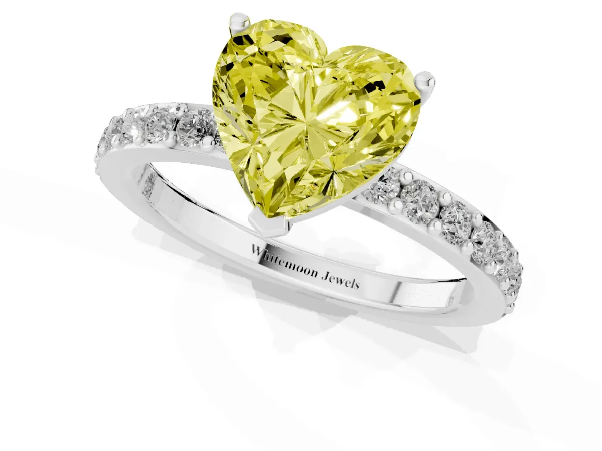 Fancy Yellow Heart Cut Cut Diamond Solitaire with Pave Band and Four-Prong Setting Silver