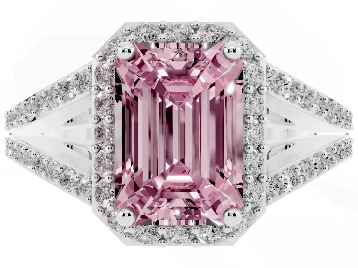 Fancy Pink Emerald Cut Halo Split Shank Pave Diamond Ring with Four-Prong Setting Silver