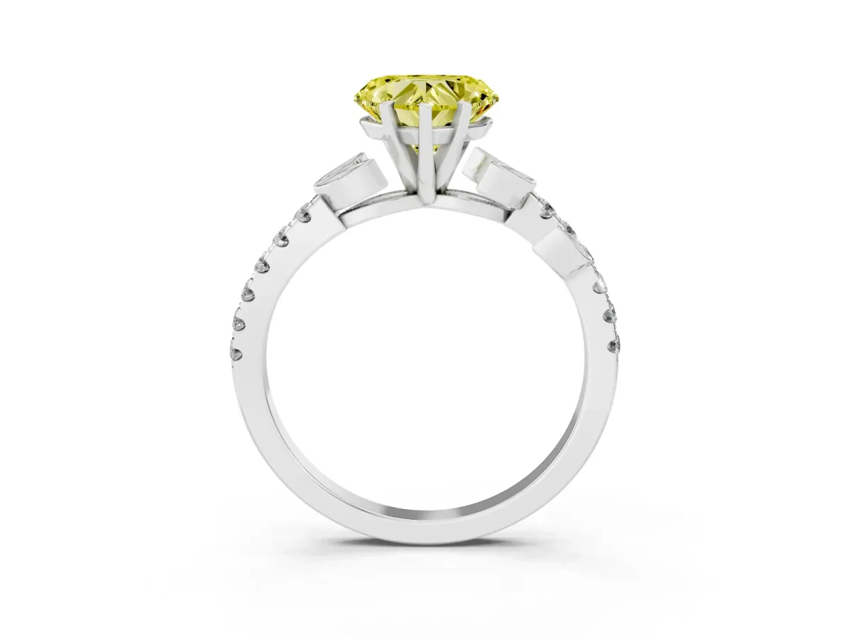 Fancy Yellow Heart Cut Solitaire Leaf-Inspired Diamond Ring with Pavé Band and Four-Prong Setting Platinum