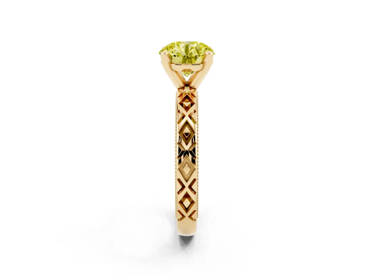 Fancy Yellow Round Cut Solitaire Diamond Ring with Milgrain and Black Enamel X Pattern Band Yellow gold