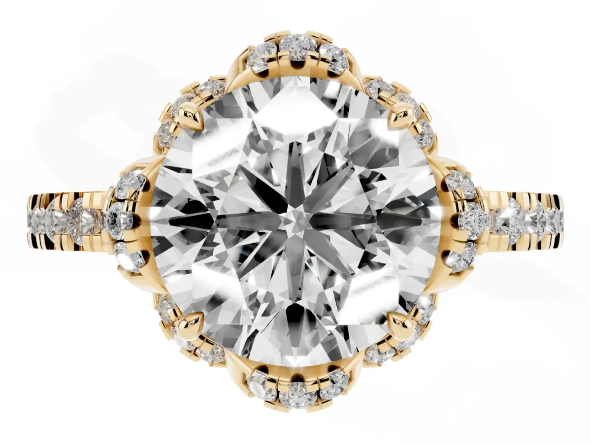 Round Cut Halo Diamond Pave Band Ring with Four-Prong Setting Yellow gold