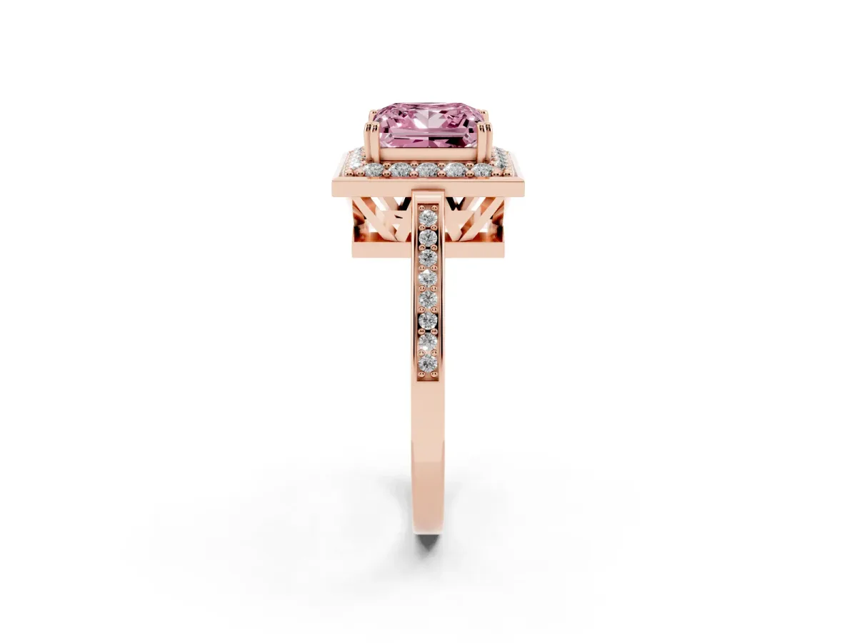 Fancy Pink Princess Cut Diamond Halo Ring with Split Shank and Four-Prong Setting Rose gold