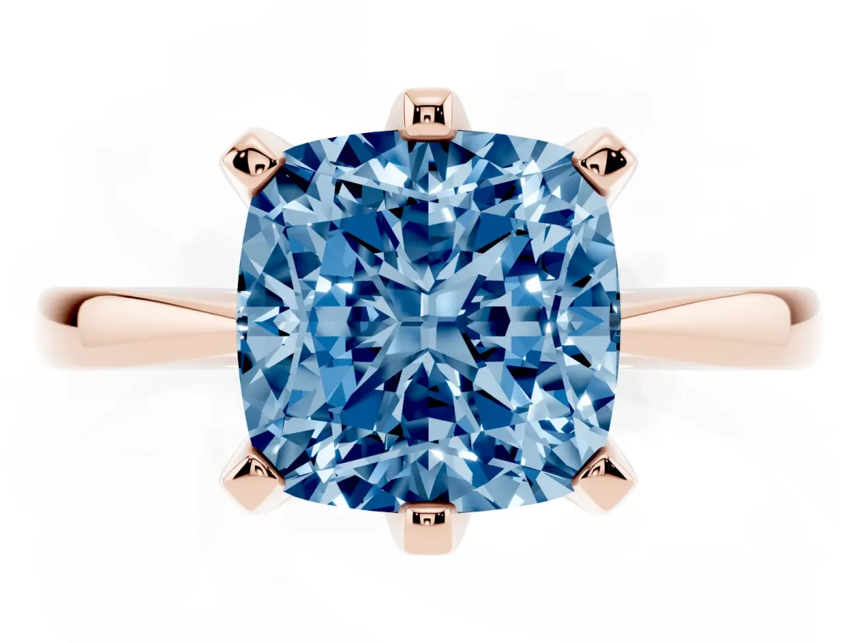 Fancy Blue Cushion Cut Solitaire Engagement Ring with Six-Prong Setting and Tapered Band Rose gold