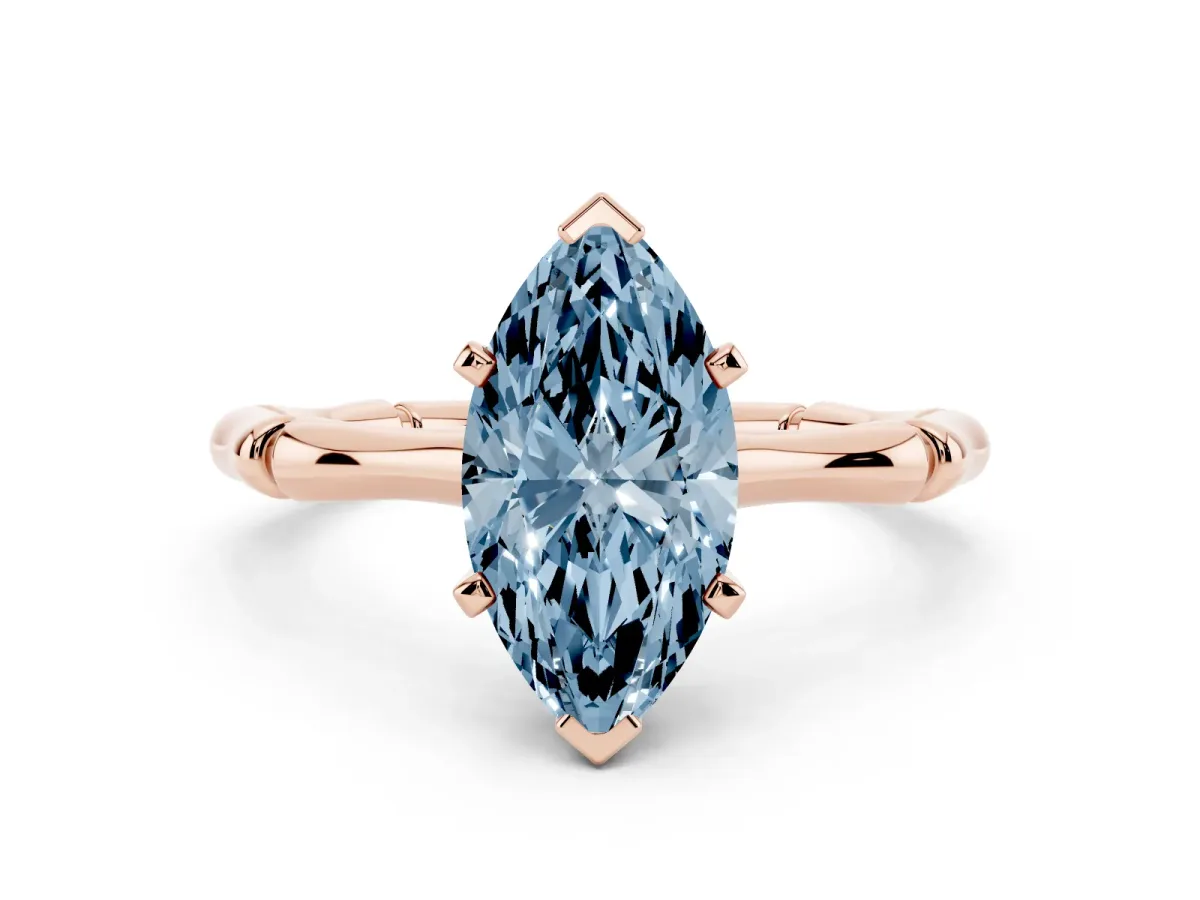 Fancy Blue Marquise Cut Solitaire Diamond Ring with Bamboo Band and Four-Prong Setting Rose gold