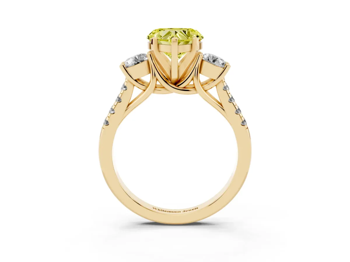 Fancy Yellow Three-Stone Heart Cut Diamond Pavé Band with Four-Prong Setting Yellow gold