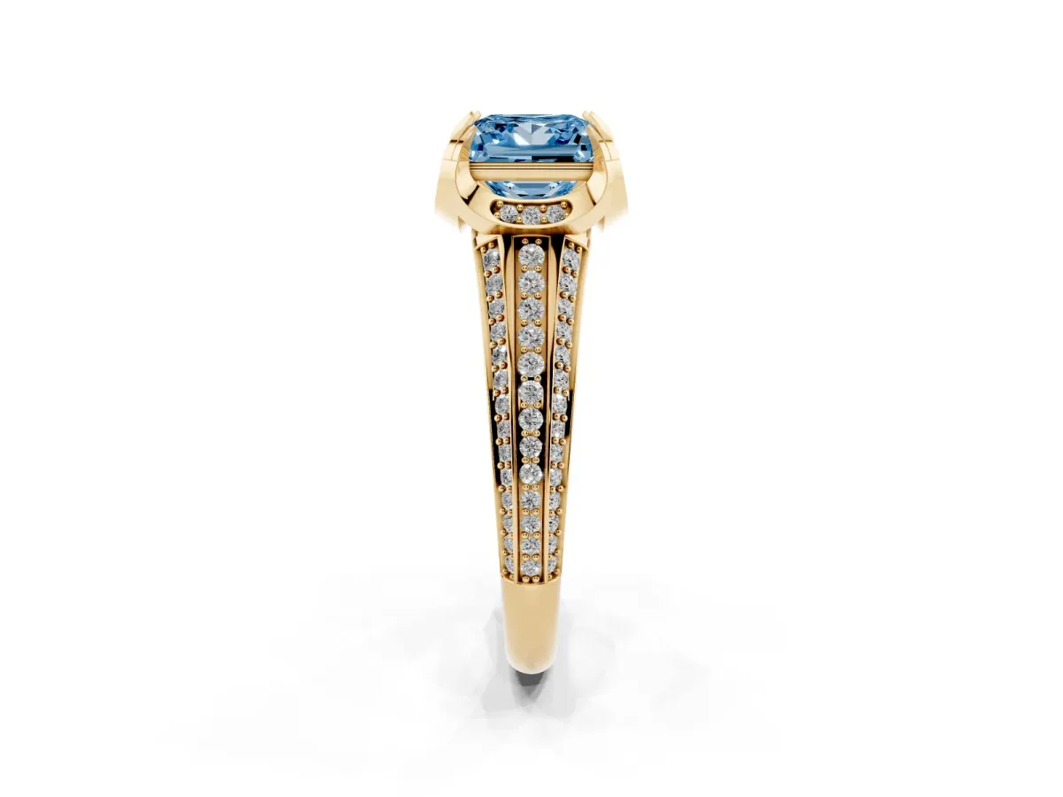 Fancy Blue Princess Cut Solitaire Pave Split Shank Ring with Four-Prong Setting Yellow gold