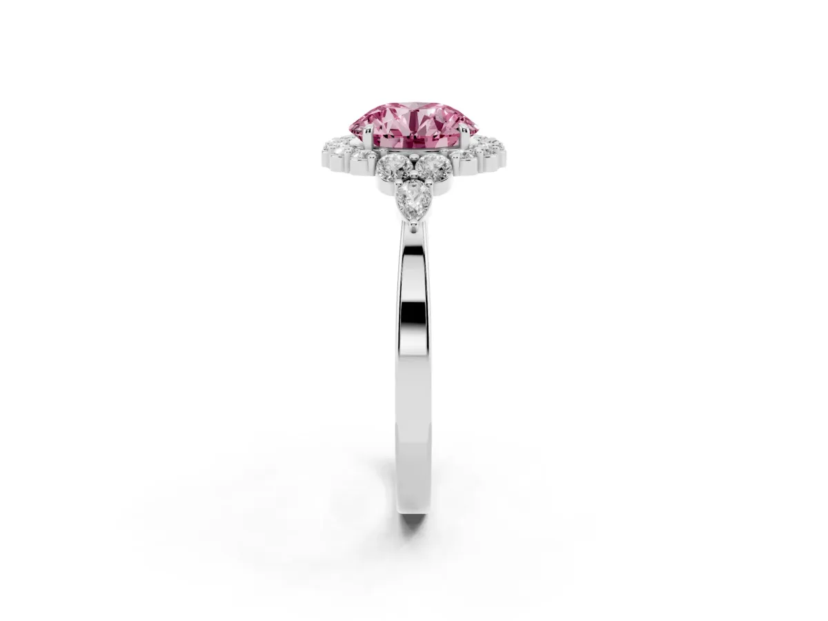 Fancy Pink Round Cut Diamond Halo Ring with Pear Side Stones and Prong Setting Silver