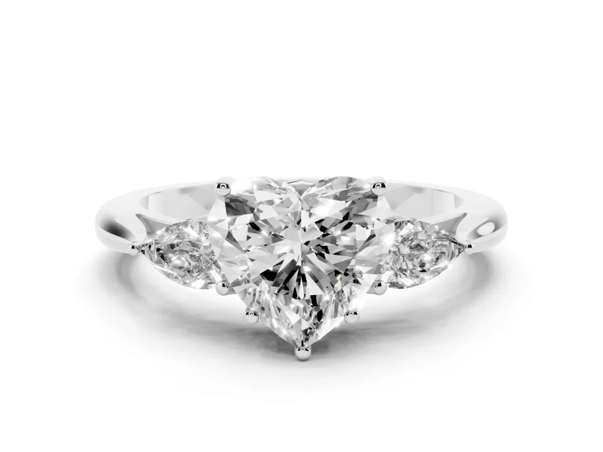Three-Stone Heart Cut Diamond Ring with Pear Side Stones in Four-Prong Setting Silver
