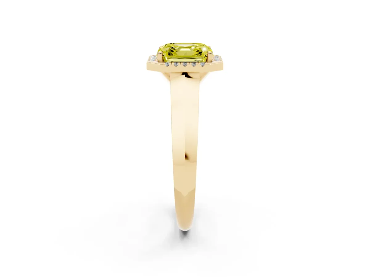 Fancy Yellow Asscher Cut Halo Diamond Ring with Cathedral Band and Four-Prong Setting Yellow gold