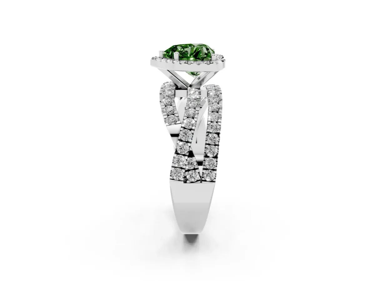 Fancy Green Heart Cut Diamond Halo Ring with Round Split Shank and Prong Setting Silver