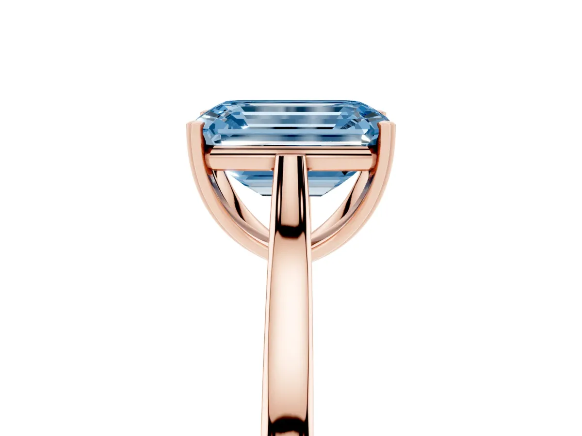 Fancy Blue Emerald Cut Solitaire Heart Prong Engagement Ring with Tapered Band Rose gold