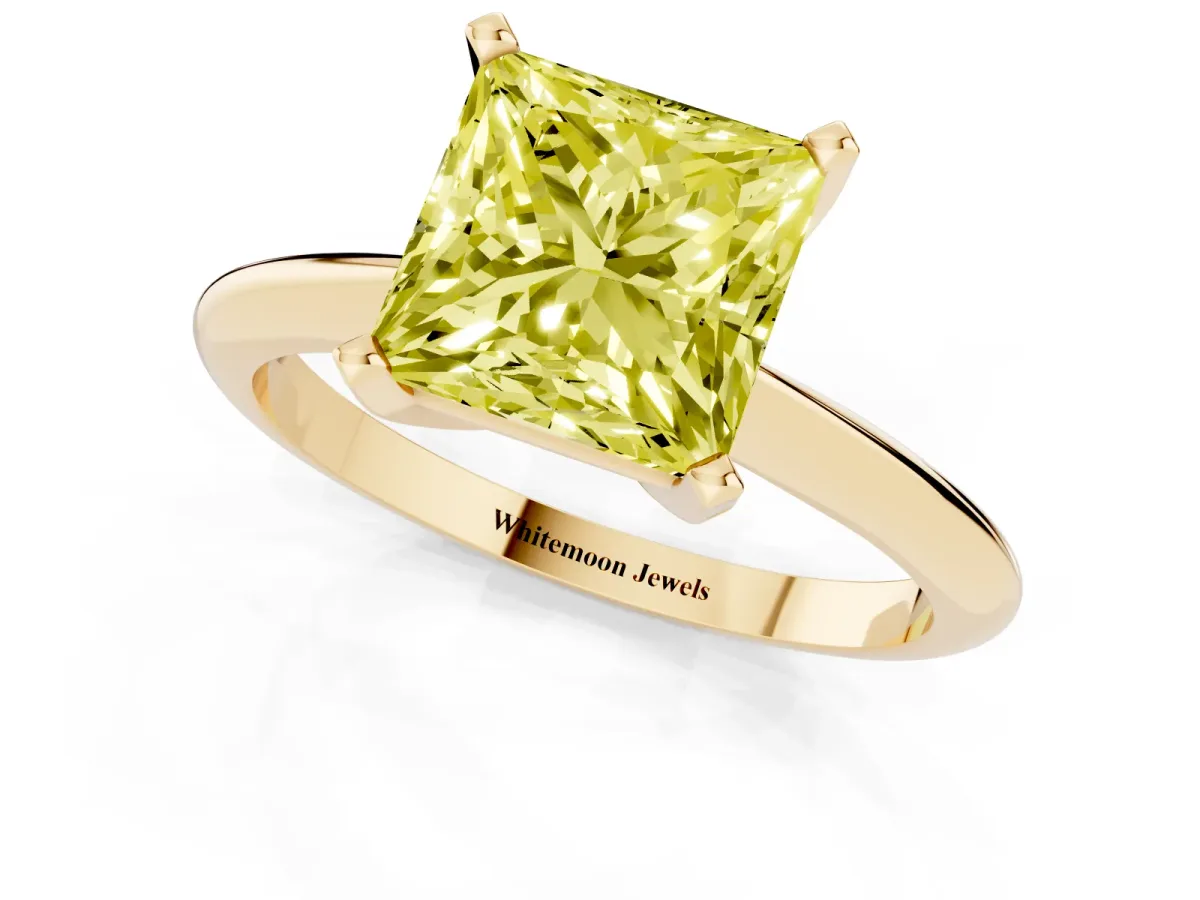 Fancy Yellow Princess Cut Cut Solitaire Ring with Four-Prong Setting on a Classic Band Yellow gold