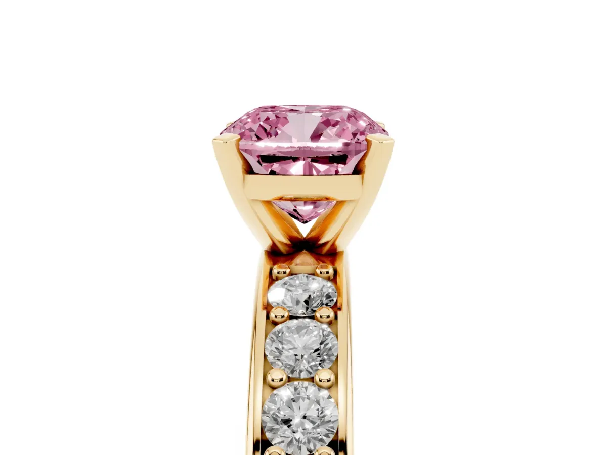 Fancy Pink Cushion Cut Diamond Engagement Ring with Channel Set Round Band and Prong Setting Yellow gold
