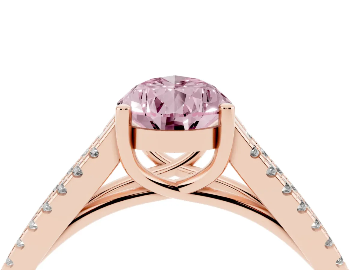 Fancy Pink Pear Cut Diamond Solitaire Engagement Ring with Split Shank Pavé Band Rose gold