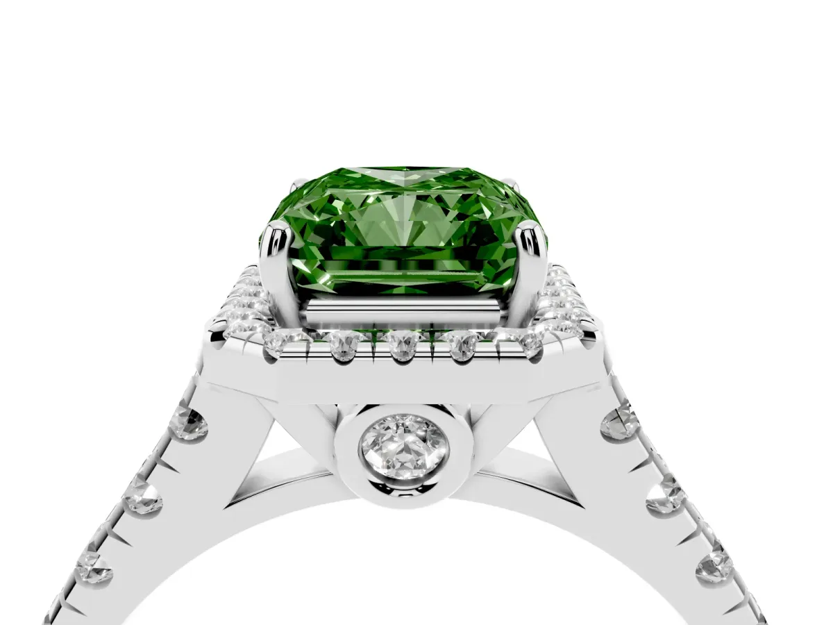 Fancy Green Radiant Cut Halo Pavé Diamond Engagement Ring with Four-Prong Setting Platinum