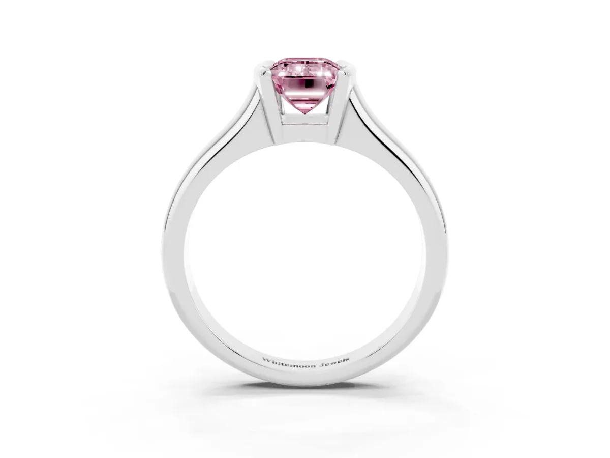 Fancy Pink Emerald Cut Solitaire Tension Set Diamond Ring with Split Shank Band Silver