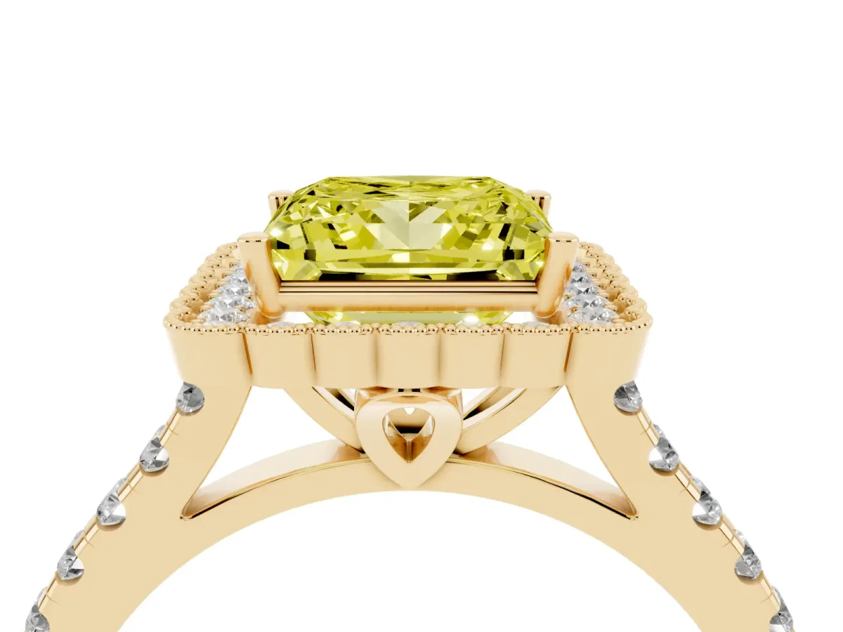 Fancy Yellow Princess Cut Cut Diamond Milgrain Floral Halo Engagement Ring with Pavé Band Yellow gold