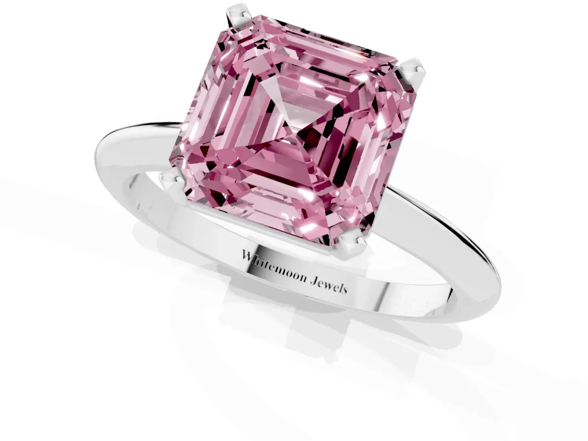 Fancy Pink Asscher Cut Cut Solitaire Ring with Four-Prong Setting on a Classic Band Silver
