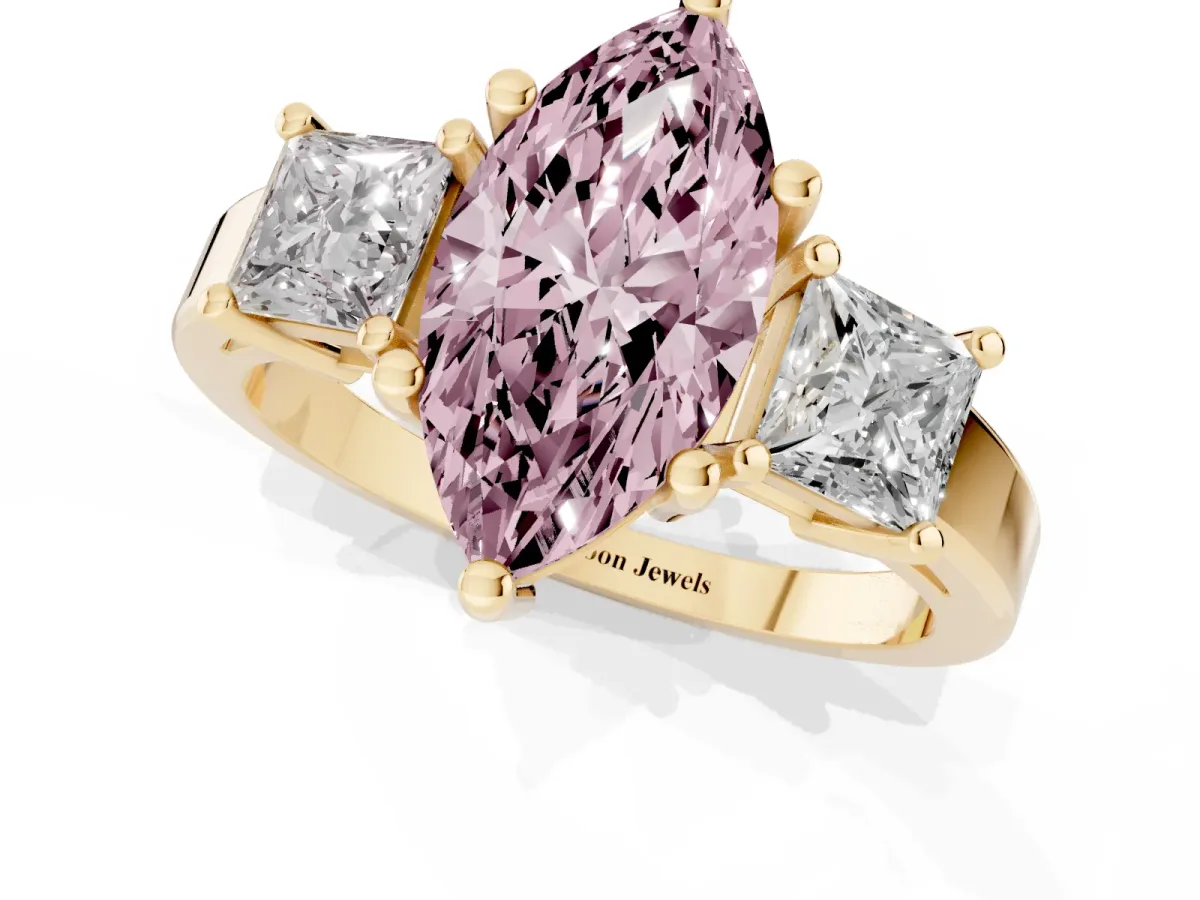 Fancy Pink Three-Stone Marquise Cut Cut Solitaire Ring with Prong Setting Yellow gold